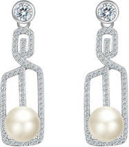 Sterling Silver CZ Freshwater Cultured Pearl Geometric Unique Dangle Earrings - £57.98 GBP