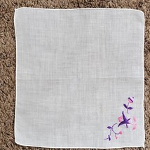 Vintage Handkerchief White w/ Pink Purple Embroidery Flowers Approx 8x9 Inch - $13.10