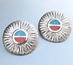 Turquoise &amp; Coral Inlaid Chip SUNBURST Big Vintage Southwestern Pierced ... - $12.86