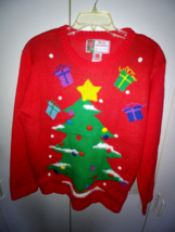 MERRY CHRISTMAS LADIES RED CHRISTMAS TREE PULLOVER SWEATER-M-ACRYLIC-WORN 1 - $13.09