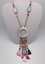 Vintage Necklace Bohemian Boho Shell Pendant Pink Blue Green White SmaLl Beads - £18.90 GBP