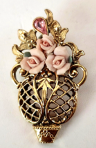 1928 Pink Porcelain Rose Bouquet Brooch Pin Gold Tone Setting Pink Rhine... - £17.23 GBP