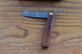 vintage handmade damascus steel folding knife 5047 - £35.26 GBP