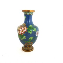 Vintage Cloisonne Vase Blue with Pink and White Floral Enameled Gold Trim - £35.61 GBP