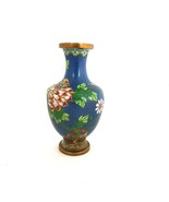 Vintage Cloisonne Vase Blue with Pink and White Floral Enameled Gold Trim - $44.55