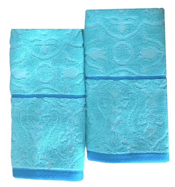 Calypso Fingertip Towels Set of 2 Guest Bathroom Summer House Turquoise  Blue - $36.14