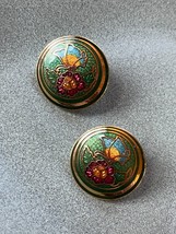 Vintage Round Green Enamel w Blue Butterfly &amp; Pink Flower Cloisonne Goldtone Pos - $11.29