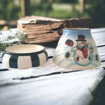 Snowman Candle Shade &amp; Base Jar Base Plate Snow Heavy Pottery Christmas Winter - £21.32 GBP