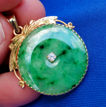 Earth mined Jade and Diamond Vintage Deco Pendant 14k Gold Vivid Green Charm - £2,180.55 GBP