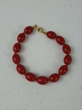 Stunning VTG Signed Crown Trifari Red Coral Colored Bead Bracelet Gold Clasp 8&quot; - £32.17 GBP