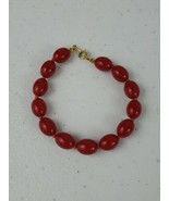 Stunning VTG Signed Crown Trifari Red Coral Colored Bead Bracelet Gold C... - £31.46 GBP