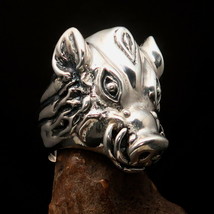 Excellent crafted Men&#39;s Ring wild Boar Head swine pig - antiqued Sterling Silver - £172.63 GBP