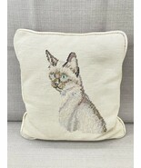 Vintage Blue Eyed Cat Embroidered Tapestry Throw Pillow Beige W Yellow Back - €18,98 EUR
