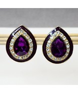 Vintage Gold-tone Teardrop Purple Rhinestones Enamel Clip-on Stud Earrin... - £19.55 GBP