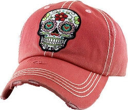 Day of the Dead Floral Sugar Skull Vintage Pink Adjustable Women&#39;s Baseball Hat - £14.98 GBP