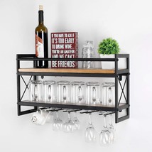 Wine Rack Stemware Glass Rack,Industrial 2-Tier Wood Shelf,Wall 24in Black - $867.69 MXN