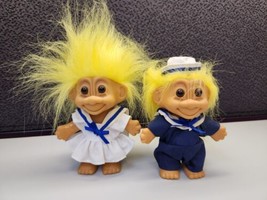 Pair VINTAGE RUSS 90&#39;s Sailor Boy &amp; Girl Troll Dolls Yellow Hair - £16.82 GBP