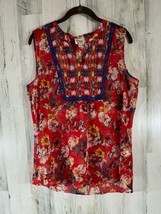 Fig and Flower Sheer Blouse Size Medium Red Floral Blue Crochet Split V-neck - £12.39 GBP