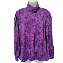 Vintage 80s Purple Black Cheetah Satin Button Down High Neck Blouse size... - $24.29