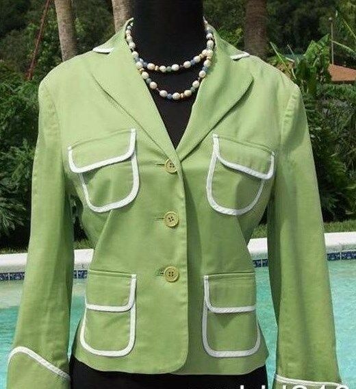 BCBG MAXAZRIA Stretch Cotton Jacket Top XS/S S  Lined Green White Trim $222 NWT