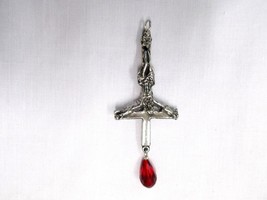 Inverted Jesus Cross Crucifix and Bood Red Crystal Evil Ornament Pewter ... - $84.10 CAD