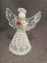 White Crochet Angel Ornament Ivory &amp; Green Crocheted Christmas Angel Ornament - £5.31 GBP