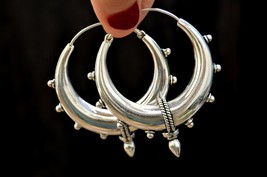 Large Tribal Bali Hoop Earrings, Silver Spike Hoops, Festival Jewelry - £14.97 GBP