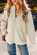 Beige Fleece Zip Up Drawstring Hooded Pocketed Jacket - £41.66 GBP