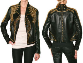 REAL SOFT LEATHER WOMEN FASHION JACKETS GOLD STUDDED LEATHER SLIM FIT JA... - $170.99
