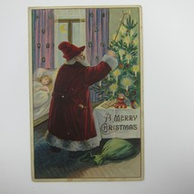 Christmas Postcard Old World Santa Lights Candle Tree Girl Bed Embossed Antique - £15.89 GBP