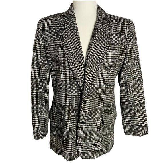Primary image for 90s Liz Wear Wool Blend Blazer 6P Black White Check 2 Button Pockets Lined 