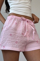 Pink Stripe Bow Print Tie Waist Shorts - $217.09 MXN