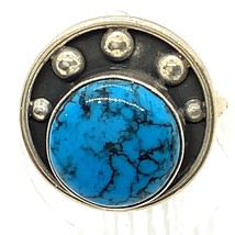 Vintage Sterling Silver Signed 925 Mexico Round Turquoise Stone Cabochon Ring 7 - £38.77 GBP