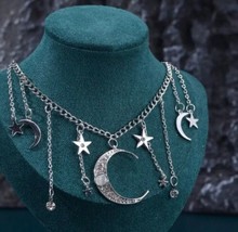 Bohemian Necklace Silver Moon and Stars Celestial Astronomy Jewelry - $12.38