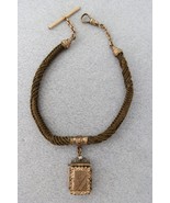 Victorian Mourning Fob Locket Brown Woven Hair Gold Gilt Plated 13&quot; Etch... - $3,386.83 MXN