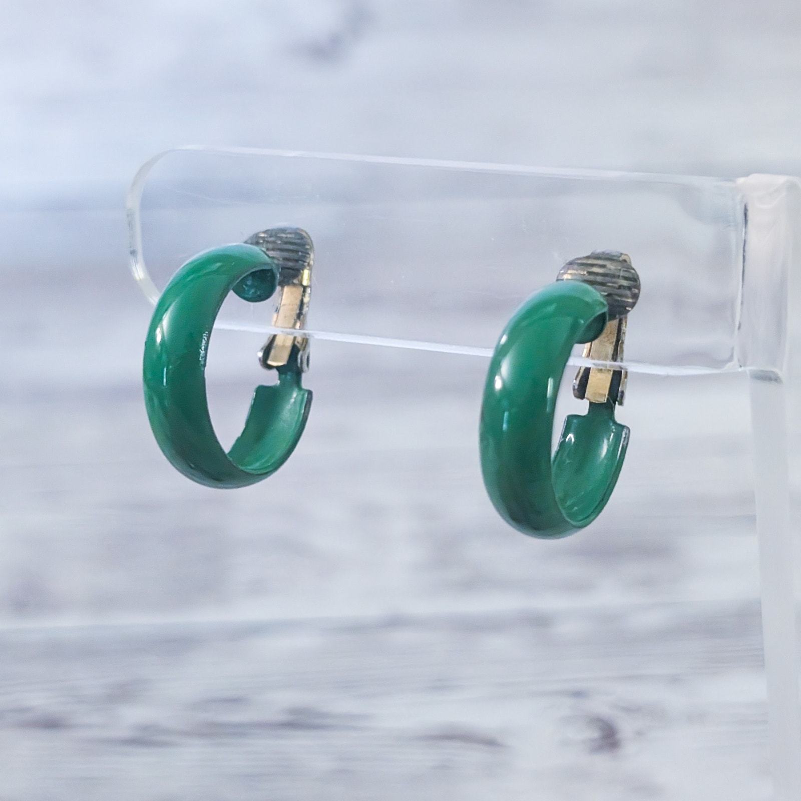 Vintage Clip On Earrings Retro Green Hoops 0.75&quot; - $15.99