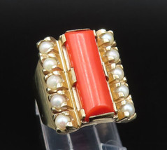 10K GOLD - Vintage Victorian Coral &amp; Cultured Pearls Ring Sz 6 - GR442 - £342.24 GBP