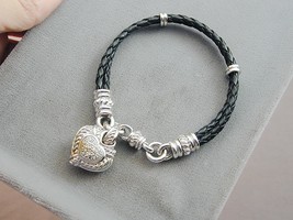 Judith Ripka Sterling CZ Heart 2 Strand Black Leather Braid Cord Bracele... - £68.01 GBP