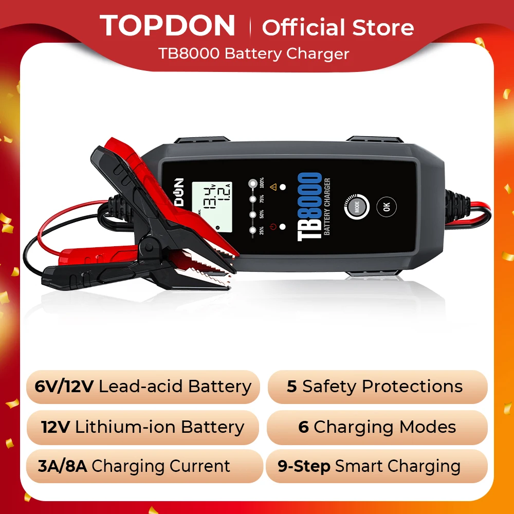 TOPDON TB8000 6v 12v 5a 6a 8a 3a Motorcycle Automobile Smart Lithuim Gel Car - £123.49 GBP