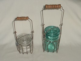  2 VINTAGE CANNING JARS BALL IDEAL BLUE &amp; CLEAR  W/ WOOD HANDLE LIFTERS - $25.00