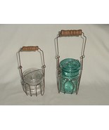  2 VINTAGE CANNING JARS BALL IDEAL BLUE &amp; CLEAR  W/ WOOD HANDLE LIFTERS - £19.81 GBP