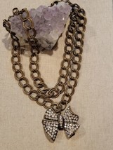 Rhinestone Encrusted Bow Pendant Double Strand Chunky Chain Necklace Coo... - $17.41
