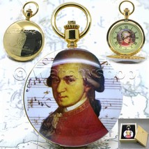Pocket Watch Gold Color Mozart Memorial Enamel Cover with Swivel Fob Cha... - $65.24