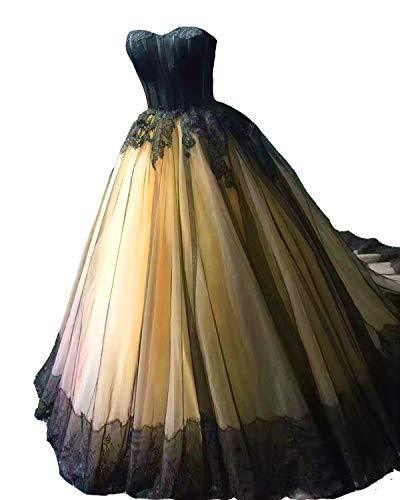 Kivary Vintage Black Lace Tulle Ball Gown Gothic Long Prom Wedding Dress Gold US