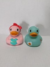 Lot of 2 Infantino Fun Time Rubber Ducks Bacon Eggs  Time Heart  Teal Aqua Bath - £12.98 GBP