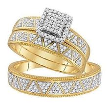 His Her Round Diamond Engagement Wedding Ring Band Trio Set 14K Yellow Gold Over - £118.01 GBP