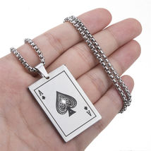Pendant Necklace of Spades Playing Card Chain Men&#39;s Silver Ace  Stainless Steel  - £14.11 GBP