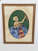 Vintage Framed Needlepoint Woman Picking Roses 1800&#39;s Hoop Skirt Blue Green 17&quot; - £85.17 GBP