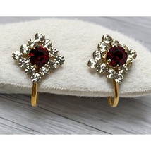 Vintage Gold Electroplate Red Rhinestone Earrings Screw Back Studs - £12.01 GBP