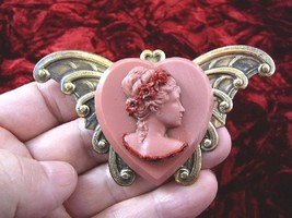 (CL21-A15) Woman Pink Flower Crown Hair Butterfly Heart Cameo Pin Pendant Love - £28.38 GBP
